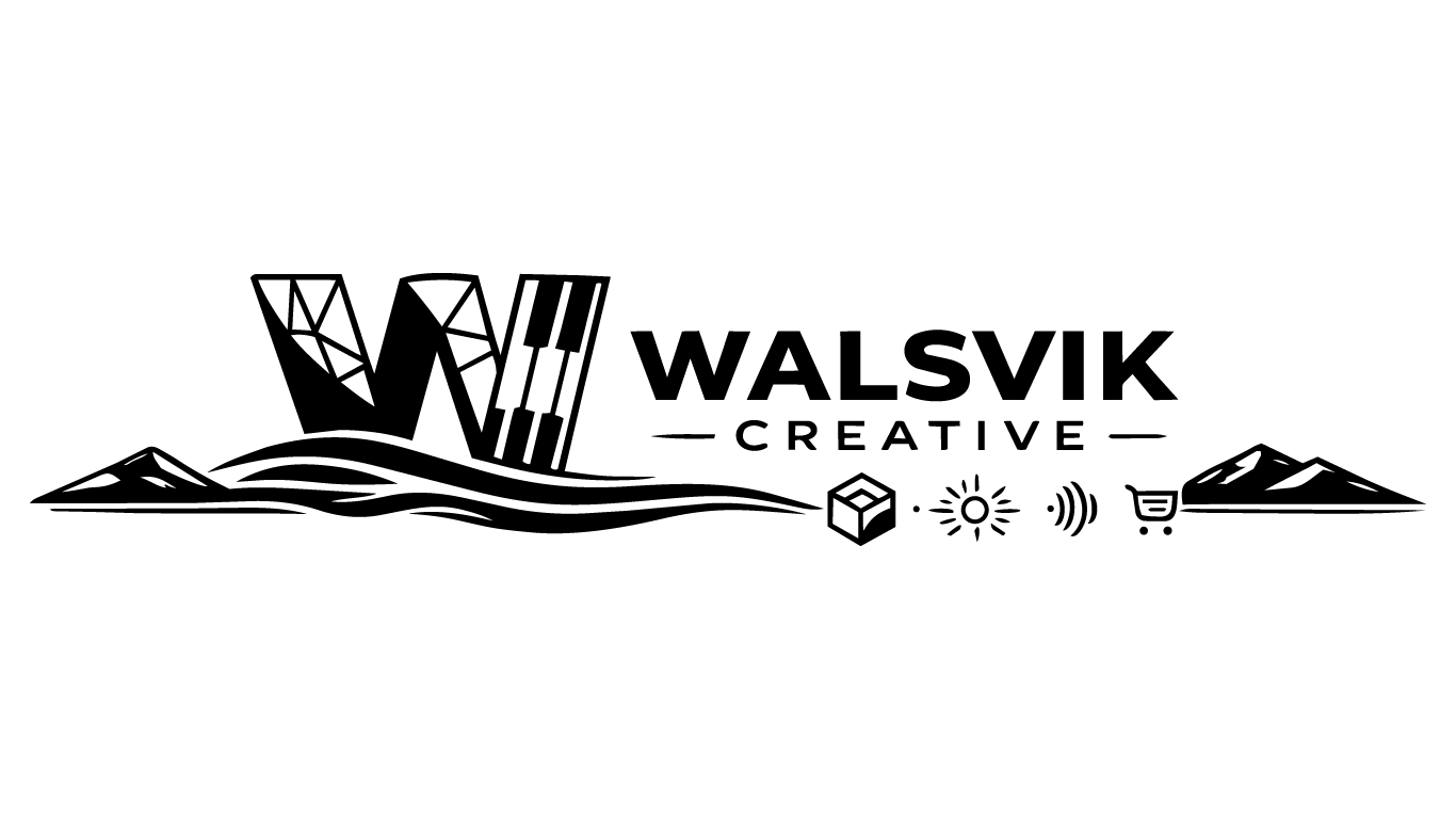 Walsvik Creative med fjell, fjord og skaparsymbol